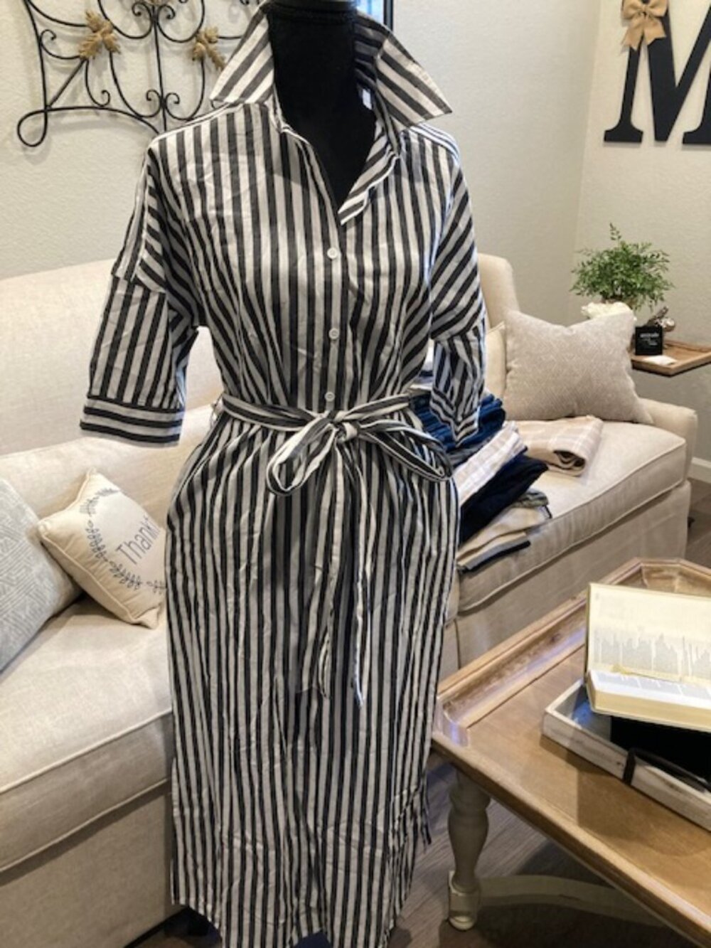 Cotton Black and White Striped Dress with belt